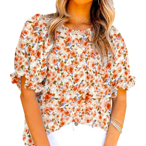Dokotoo Tops - Floral Print Top with Smocked Puff Sleeves in Coral Size: XL   NWOT